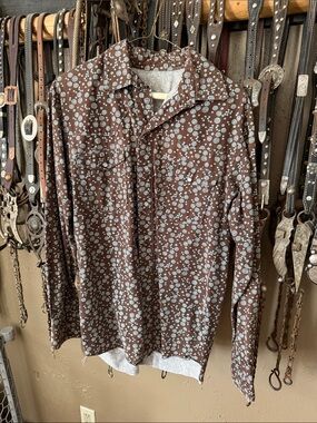 Men's Brown Long-Sleeve Button Shirt with Light Blue Dot Print